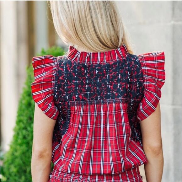 J. Marie Rayna Embroidered Ruffle Plaid Top Small Red Cottage Preppy - Picture 2 of 9
